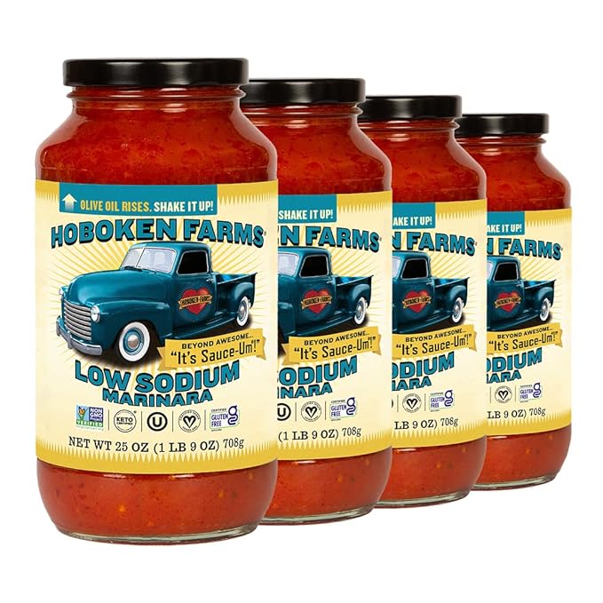 Hoboken Farms Low Sodium Marinara Sauce - Keto Certified, No Sugar Added, Non GMO Project Verified, Plant Based, and Paleo Friendly! (25 Fl Oz, Pack of 4)