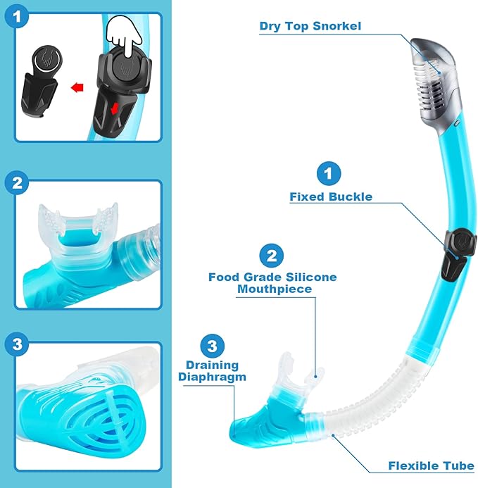 ZEEPORTE Mask Fin Snorkel Set, Travel Size Snorkeling Gear for Adults with Panoramic View Anti-Fog Mask, Trek Fins, Dry Top Snorkel and Gear Bag for Swimming Training, Snorkeling Kit Diving Packages