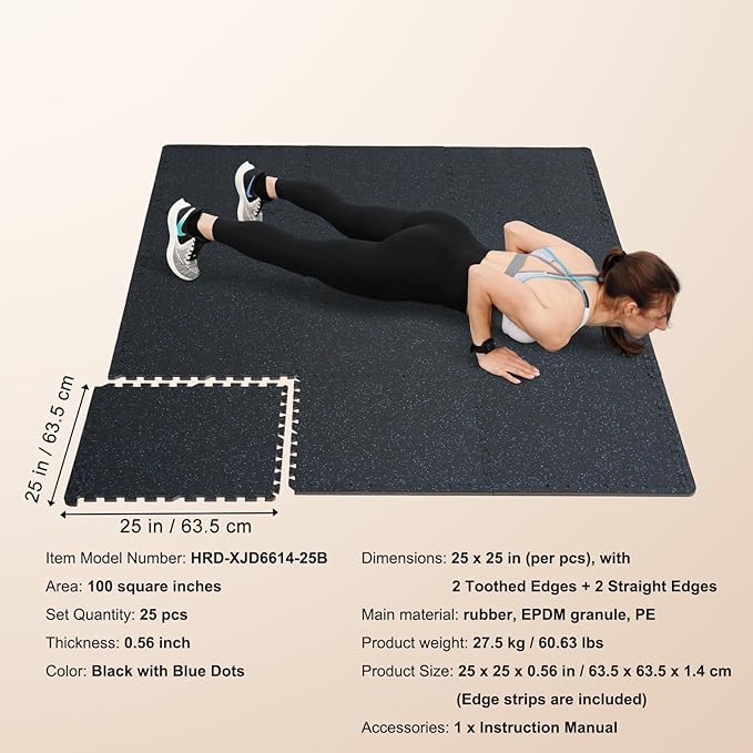 VEVOR 0.56 Inch Thick Gym Floor Tiles, 25 Tiles Rubber Top with EVA Foam, 25" x 25" Gym Flooring Workout Mats with 100sq.ft Coverage, Interlocking Puzzle Gym Mats for Gym, Home, Garage, Black & Blue