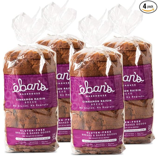 Eban’s Bakehouse Fresh Baked Gluten-Free Cinnamon Raisin Bread - 4 Loaves - 100% Natural - Soy, Wheat and Dairy Free, Preservative Free, Non-GMO (22oz, 624g Each)