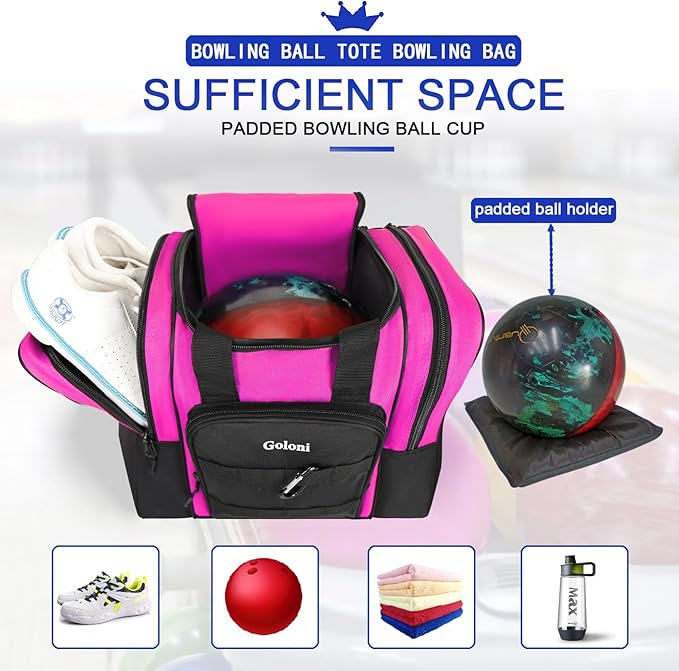 Goloni Bowling Ball Bag for Singer Ball with Padded Ball Holder, 2 Pockets fit Bowling Shoes Up to Mens Size 14 and Accessories