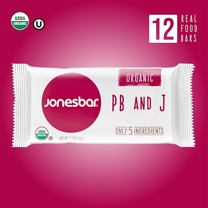 JONESBAR (Peanut Butter and Jelly, 12 Count (Pack of 1)), USDA Organic Fruit & Nut Bar, Non-GMO, Kosher, Vegan, Gluten Free, Simple Snack Bar