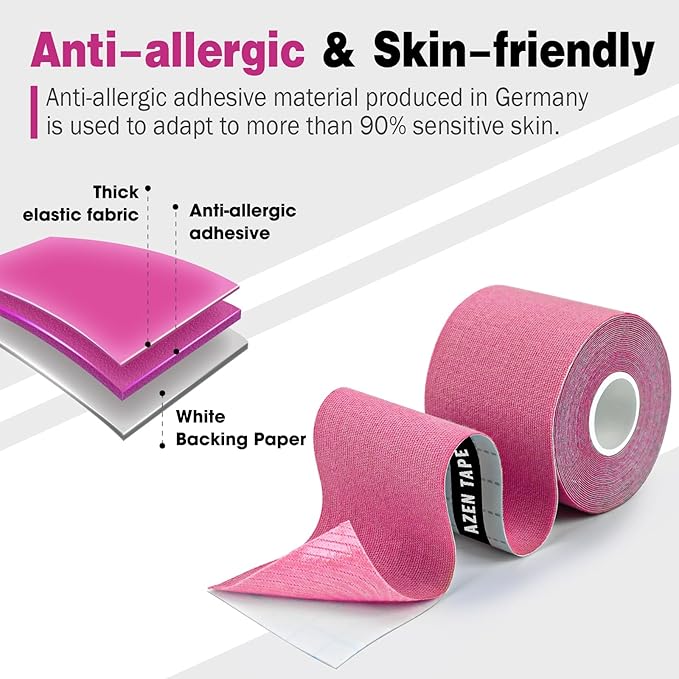 AZEN 3 Rolls Kinesiology Tape, 16.4 ft Waterproof Kinetic Tape for Joints Support and Muscle Pain Relief, Uncut Muscle Tape, Knee Tape, Athletic Tape, Pink
