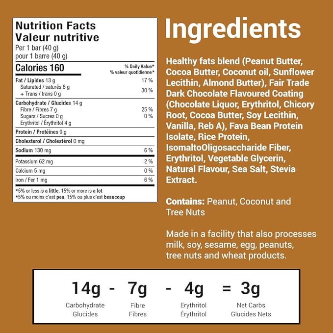 No Sugar Keto Bar Snack - Low Carb No Sugar Keto Snack Food with Keto Friendly Macros (12 x 1.41oz Bars, Peanut Butter)
