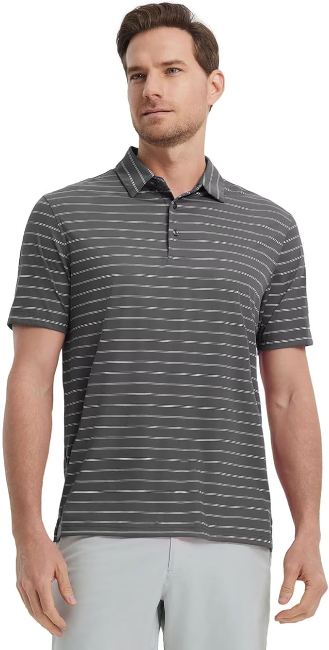 M MAELREG Mens Striped Golf Shirts Short Sleeve Silk-Like Touch Water-Resistant Breathable Soft Collared Polo Shirts for Men