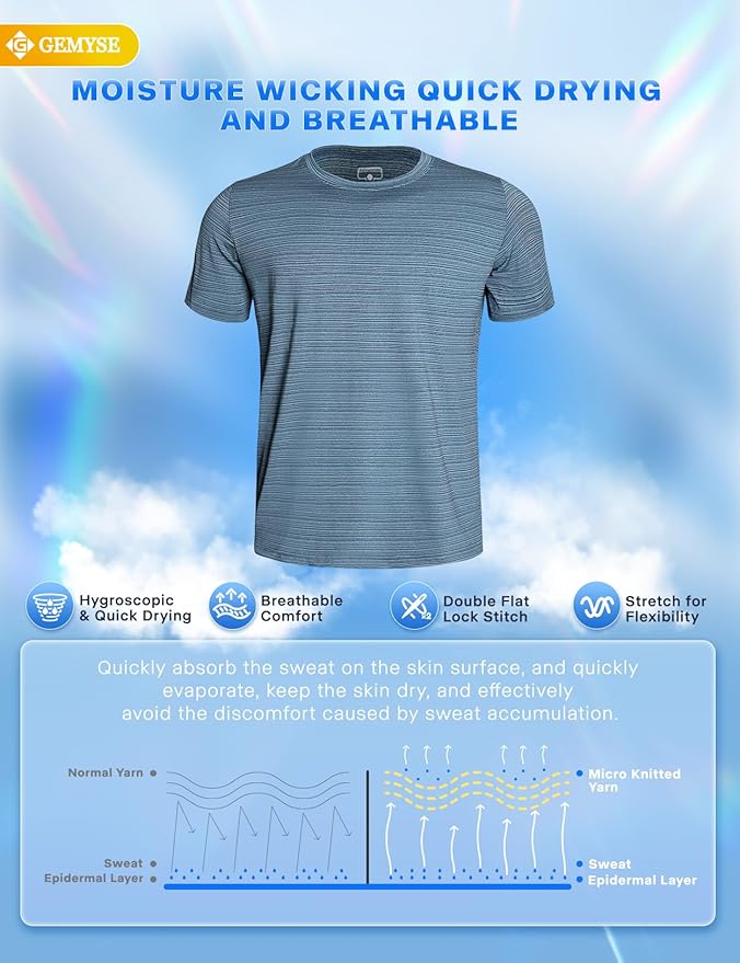 GEMYSE Men's Running Short Sleeve Shirt Sun Protection Quick Dry Moisture Wicking T-Shirts UPF 50+ for Workout