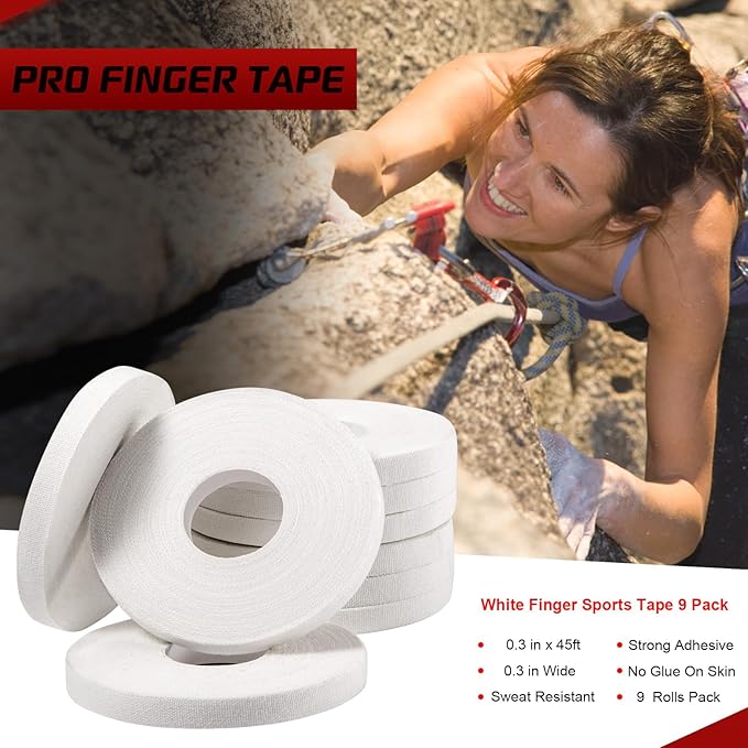 Pro Finger Tape 9 Pack - 0.3” x 45 Ft White Athletic Sports Tape for Rock Climbing,BJJ,Jiu-Jitsu,Wrestling,Judo