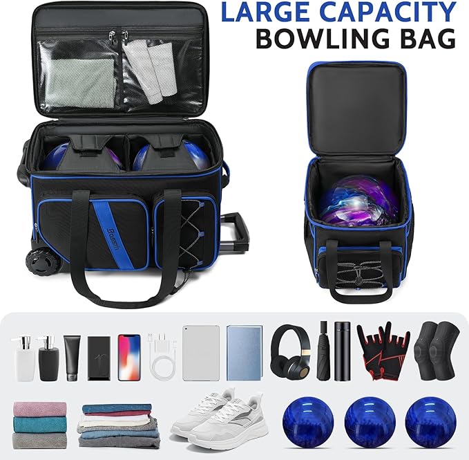 3 Ball Bowling Bag with Wheels, 2 Ball Bowling Bags Double roller with 1 Ball Add On Bag, Multi-Pockets & Shoe Compartment (Fits Up to Size 15)