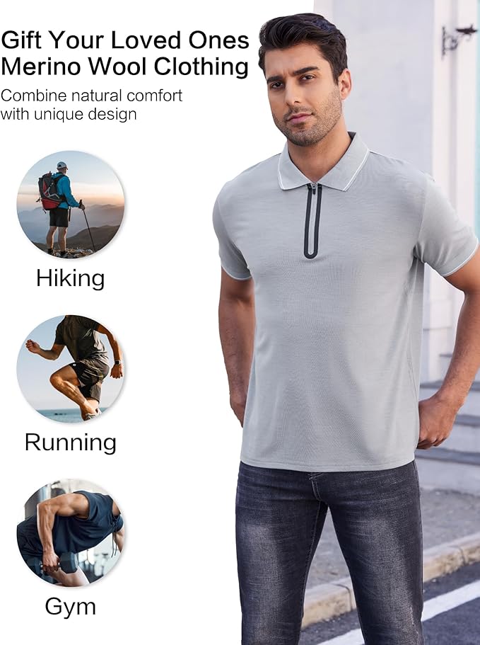 Merino Wool Polo Shirts for Men for Work Sport, Lightweight Breathable Moisture Wicking Mens Polo Shirt Short Sleeve