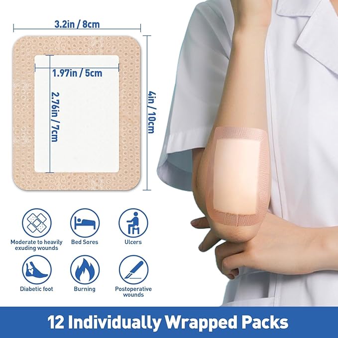 AZEN 24 Pack Silicone Foam Dressing, 3.2" X 4" Waterproof Silicone Bandages with Border Adhesive, Large Bandages for Wounds, Self Adhesive Wound Care and Dressings