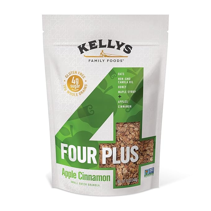 Kelly's Four Plus (Apple Cinnamon) Granola Cereal with Whole Grain Oats, Honey, Maple Syrup - Non-GMO, Low Sugar, Sodium Free and Gluten Free Granola for Yogurt - 12oz