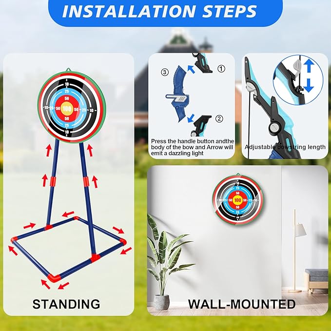 Bow and Arrow Set for Kids 4-12 Years Old, LED Light Up Archery Toy with 20 Suction Cup Arrows and Standing Target, Indoor Outdoor Activity Toys for Ages 4-6 8-13