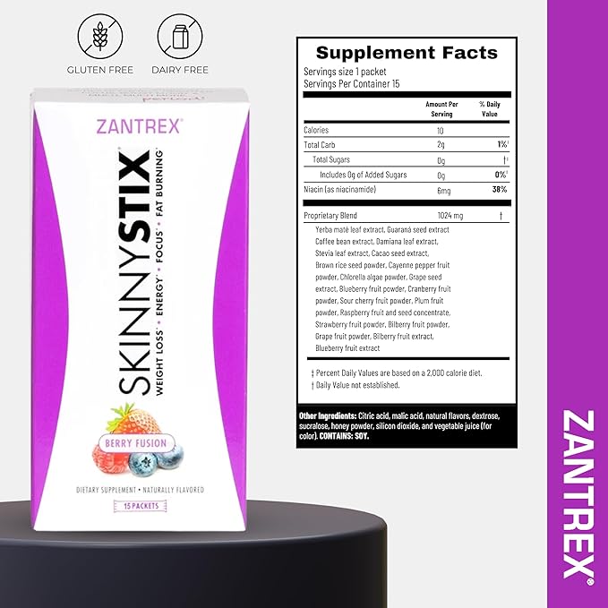 SkinnyStix Berry Fusion GLP-1 Support Powder Energy Drink, Metabolic Support, Appetite Control, Natural Energy Boost | 15 Single-Serving Packets