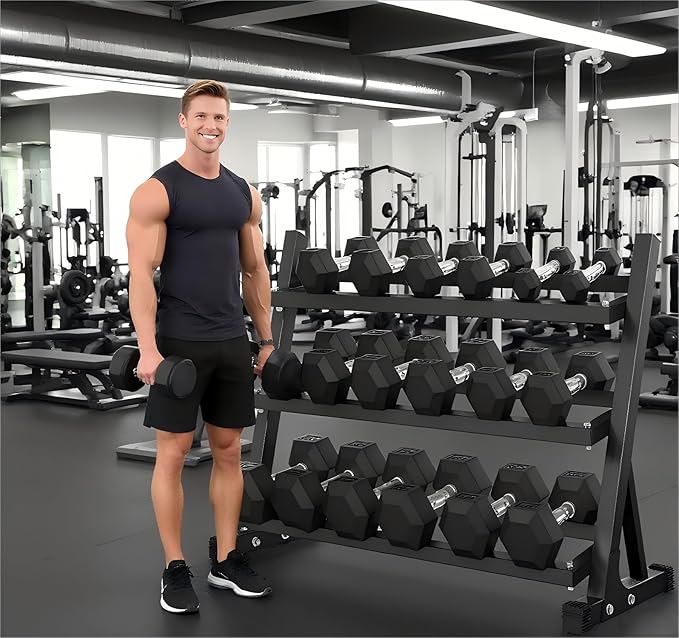5-50 lbs Hex Dumbbell Weight Set With Rack for Home Outdoor Gyms 6-10 Pair Rubber Exercise & Fitness Nonslip Handle Dumbbells and Storage Rack Hold 350/450/550 Pounds