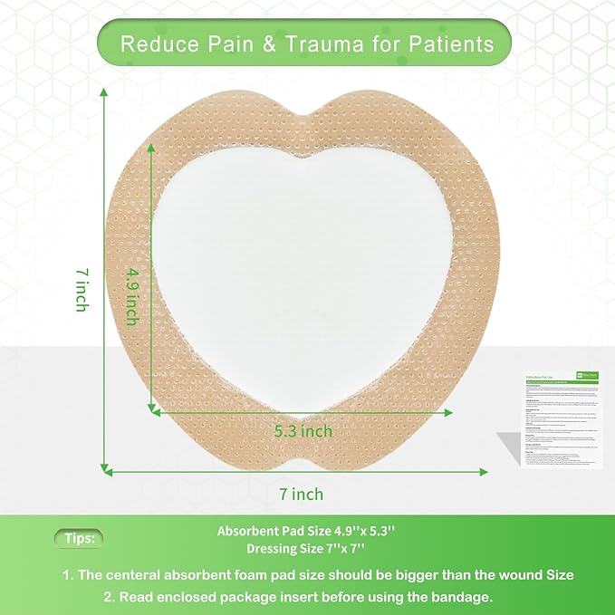 Sacrum Silicone Foam Dressing with Gentle Border for Sacral Ulcer, Pressure Ulcer, Butt Bed Sore, Size 7''x7'' (4.9''x5.3'' Pad), 5 Pack, High Absorbency Silicone Adhesive Wound Bandage by NeuHeils