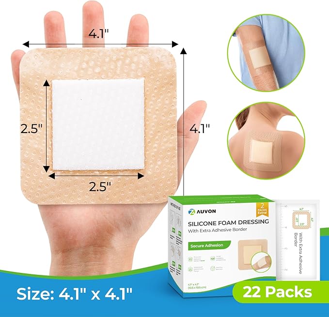 AUVON Silicone Foam Dressing 4" x 4" with Large Adhesive Border, 22 Packs Wound Dressing Bandage with High Absorbency, Waterproof Bed Sore Bandages, Silicone Foam Pad for Wound Care