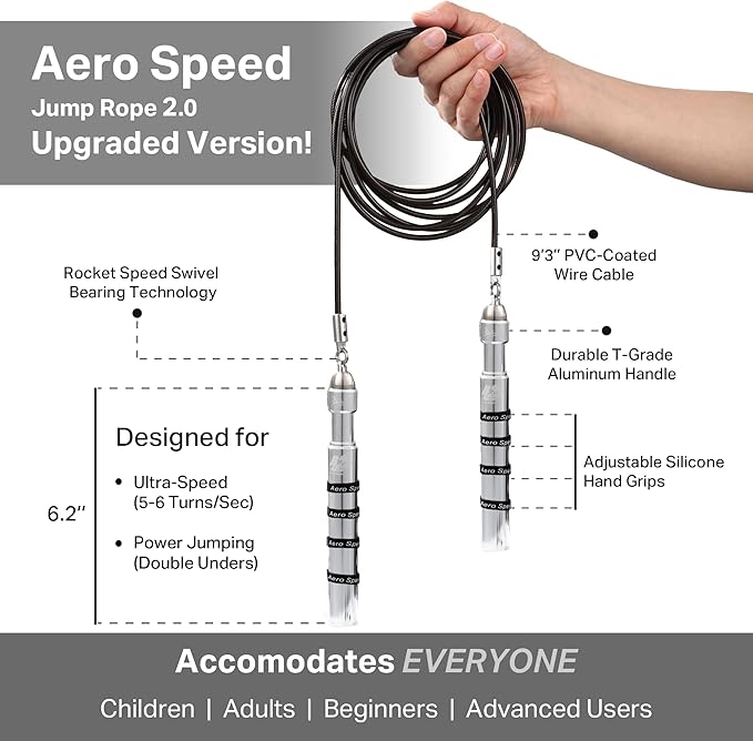 Buddy Lee Aero Speed Jump Rope 2.0 Upgraded Version with Sonic Rocket Speed Swivel Bearing | Tangle-Free & Adjustable Jump Rope for Men & Women - For Fitness, Double-Unders, and Cross-Training