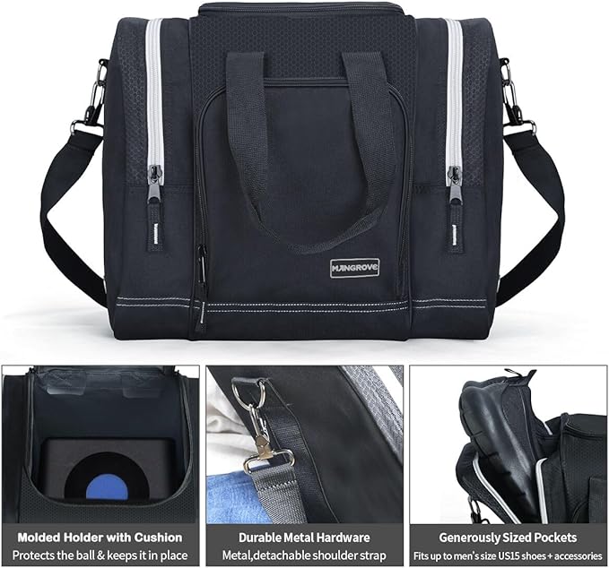 Mangrove Bowling Ball Bag for Single Ball, 2020 Bowling Ball Tote Bowling Bag with Padded Ball Holder - Fits Bowling Shoes Up to Mens Size 14 and Accessories (Black)