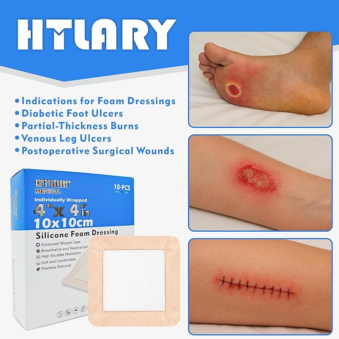 Silicone Foam Dressing 4x4 inches 10 Pack Advanced Exudate Control for Pressure Ulcers, Surgical Wounds & Diabetic Care Waterproof Wound Dressing First Aid Bandage for Wound Care