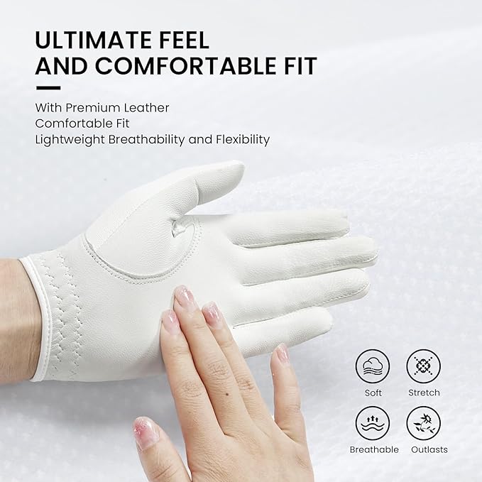 Golf Gloves Women Leather with Ball Marker 3 Pack, Left Hand Right Stylish Pink All Weather Grip Breathable Glove, Fit Sizes Small Medium Large for Womens Ladies