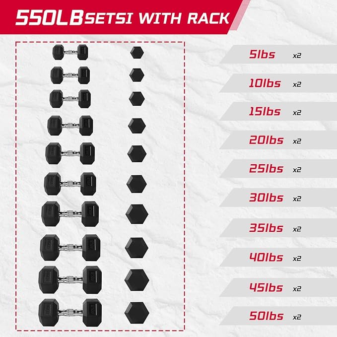 YUFER 6-10 Pair Hex Dumbbell Weight Set With Rack for Home Outdoor Gyms Rubber 5-50 lbs Exercise & Fitness Nonslip Handle Dumbbells and Storage Rack Hold 350/450/550 Pounds