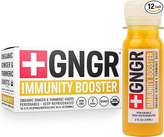+GNGR Immunity Booster Organic Ginger and Turmeric Shot - Cold Pressed Ginger Shots with Turmeric, Cayenne Pepper, Orange, Lemon for All Natural Immune & Digestive Support (2 Oz, Pack of 12)
