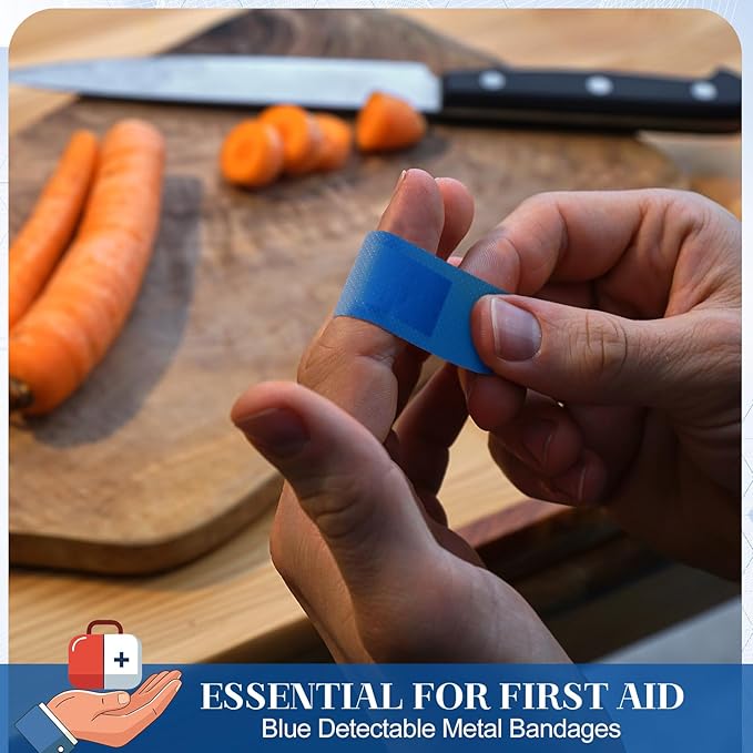 Geiserailie 200 Pcs Blue Fabric Bandages 3 ''x 1'' Food Service Metal Detectable PE Waterproof Adhesive Bandages Bulk Sterile Processing Non Stick Pad Latex Free for First Aid & Wound Care Protection