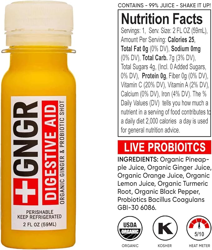 +GNGR Digestive Aid Organic Ginger Shots with Probiotics, Gut Health, Colon Cleanse, Bloating Relief, Gut Detox, Immunity Shots with Ginger Juice, Turmeric, Black Pepper. (2 Oz, Pack of 12)