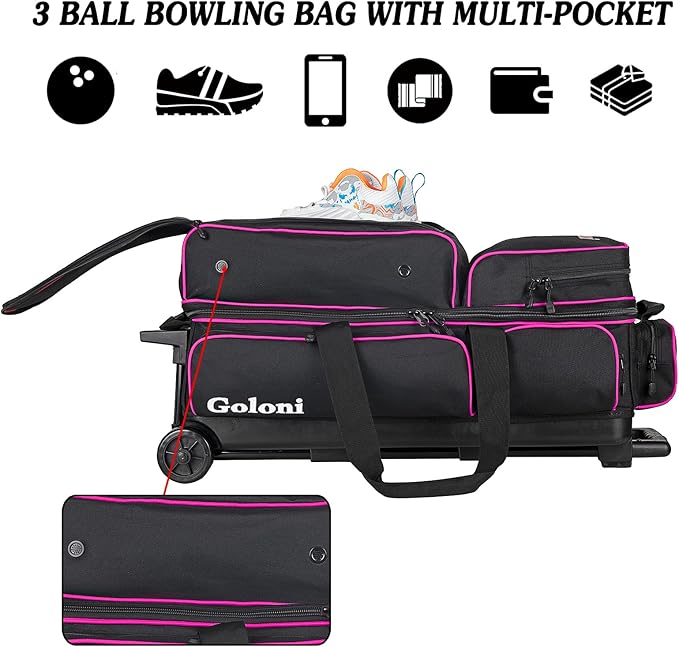 Goloni 3 Ball Bowling Bags with Wheels - Rolling Bowling Bag for 3 Balls & Accessories - Retractable Handle Extends to 38