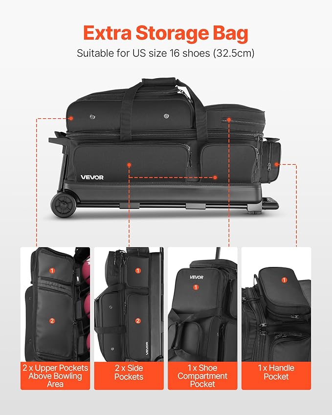 VEVOR Bowling Ball Bag, 3 Ball Double Roller Bowling Bag with Wheels, Featuring a Separate Compartment for Shoes (Up To US Size 16) & Oversized Accessory Pocket, Retractable Handle Extends to 41.34 in