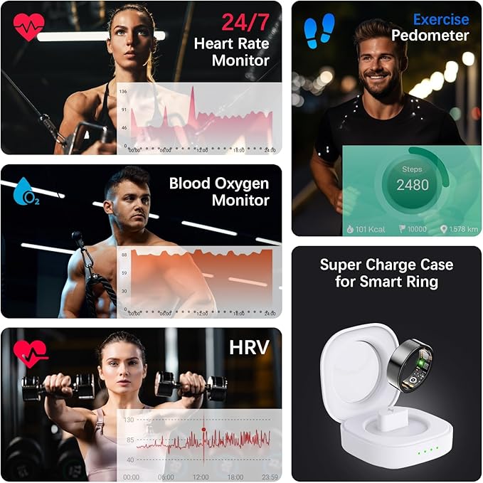 Health Tracker Ring, Smart Health Ring for Women Men with Heart Rate, Blood Oxygen, Sleep Monitor, Steps,Calories, No Subscription Fee, IP68 Waterproof Smart Ring for iPhone & Android (Black, 8#)
