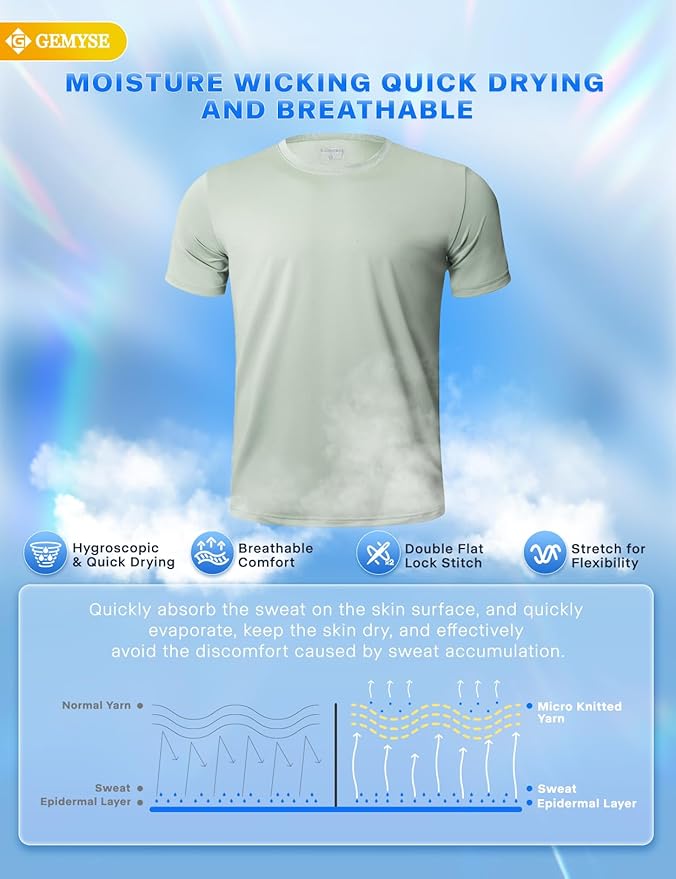 GEMYSE Men's Running Short Sleeve Shirt Sun Protection Quick Dry Moisture Wicking T-Shirts UPF 50+ for Workout