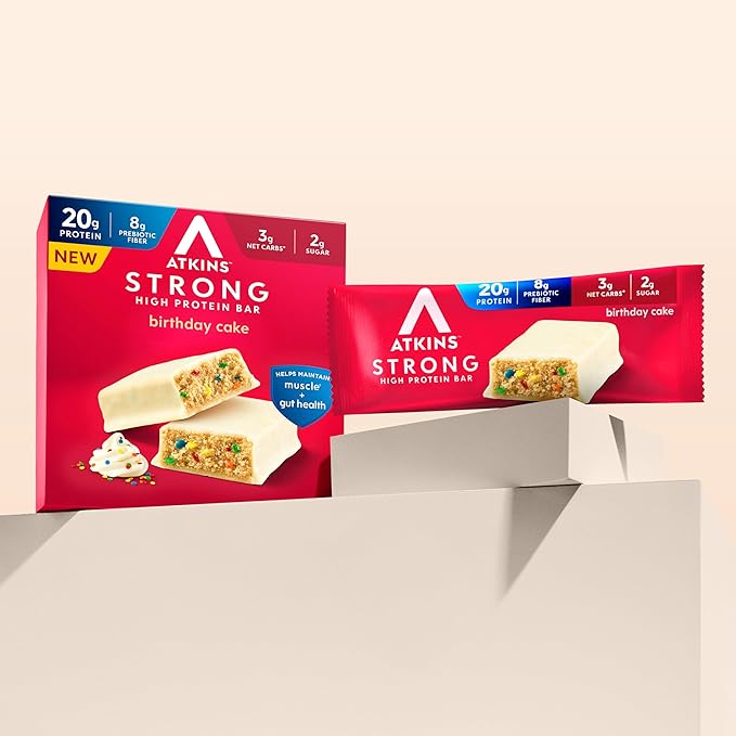 Atkins Strong Birthday Cake High Protein Bars, 20g Protein, 2g Sugar, 4 Count (Pack of 6)