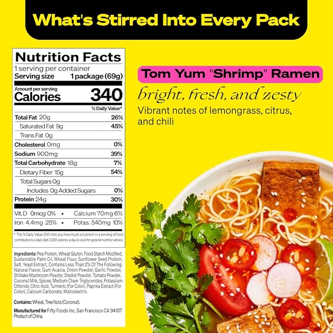 immi Tom Yum "Shrimp" Ramen, 100% Plant Based, Keto Friendly, Low Carb, High Protein, Packaged Noodle Meal Kit, Ready to Eat, 6 Pack