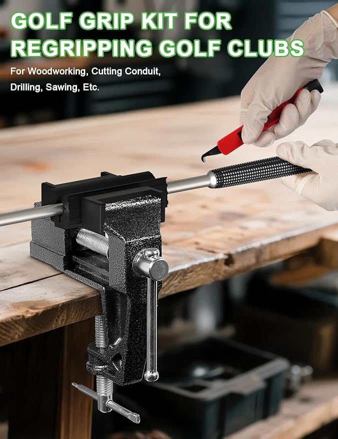 Portable Golf Grip Kit for Regripping Club, Golf Club Grip Kit for Home Travel with Anti-Slip Vise Clamp, Retractable Hook Knife, 15pcs Double-Sided Grip Tapes, A Pair of Gloves (Solvent Not Included)