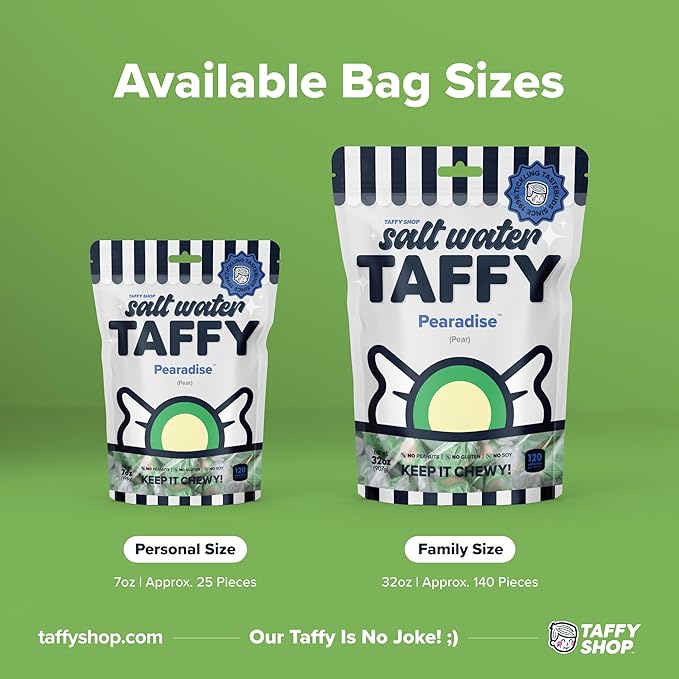 Taffy Shop Pearadise, Pear Salt Water Taffy Gourmet Soft Chewy Candy, Bulk Sweet Snack, Fresh Gift & Gluten-Free, 140 Individually Wrapped Pieces (32oz)