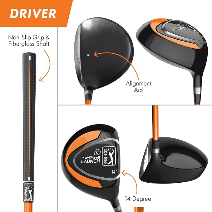 PGA TOUR Youth Golf Club Set for Ages 8-12 (4’8”-5’2”) and 12+ (5’2”+), Right and Left-Handed Kids Golf Sets – Beginner Junior Golf Clubs with Lightweight Stand Bag, Mallet Putter, Hybrid, Driver