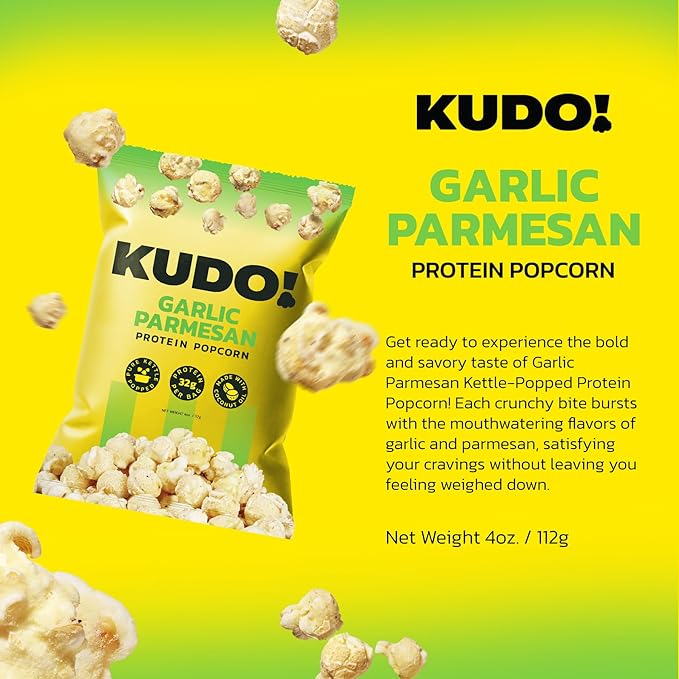 Kudo - Garlic Parmesan Kettle-Popped Protein Popcorn - Whole Grain, No Preservatives, No Artificial Flavors, Zero Trans Fat, Tasty Snack - 4oz