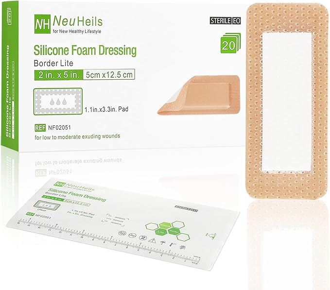NeuHeils Silicone Foam Dressing Border Lite 2''x5'', 20 Packs, Pad Size 1.1''x3.3'' Soft Gentle Would Bandage Patch for Small Bed Sore Pressure Ulcer