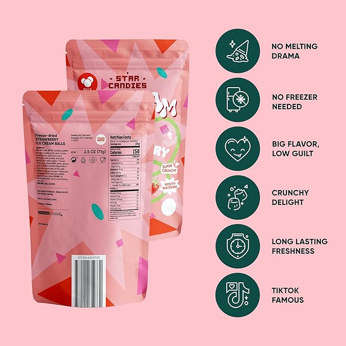 Star Candies Freeze Dried Strawberry Ice Cream Scoops | No Melting Freeze Dried Candy | Crunchy & Delicious Camping Food | Premium Astronaut Ice Cream loved by Kids and Adults (2.5 oz)