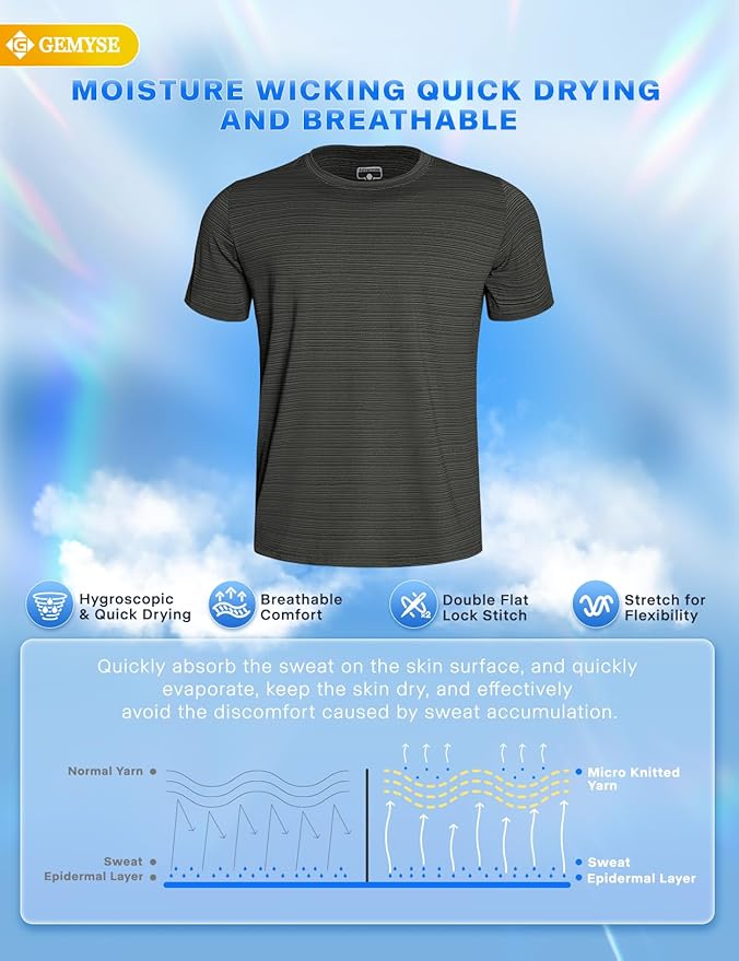 GEMYSE Men's Running Short Sleeve Shirt Sun Protection Quick Dry Moisture Wicking T-Shirts UPF 50+ for Workout