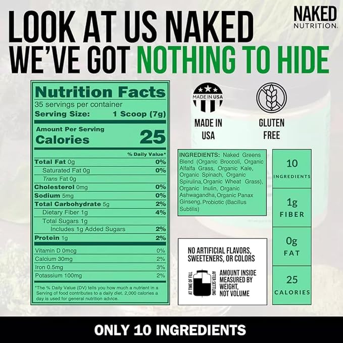 NAKED Super Greens Powder Organic Greens Supplement - Only 10 Premium Ingredients - Vegan, Non-GMO, Prebiotic and Probiotic - 35 Servings