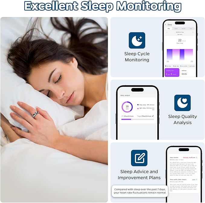 Smart Ring Health Tracker, Sleep Tracker Ring with Heart Rate, Waterproof Fitness Ring for Activity Monitoring/Steps/Distance/Calories,Air Gestures,Up to 7Day Battery,for iOS Android(Stylish Black#11)