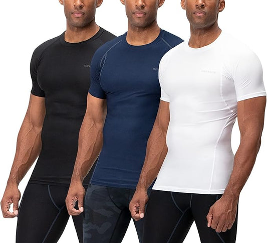 DEVOPS 3 Pack Men's Cool Dry Short Sleeve Compression Shirts, Sports Baselayer T-Shirts Tops, Athletic Workout Shirt