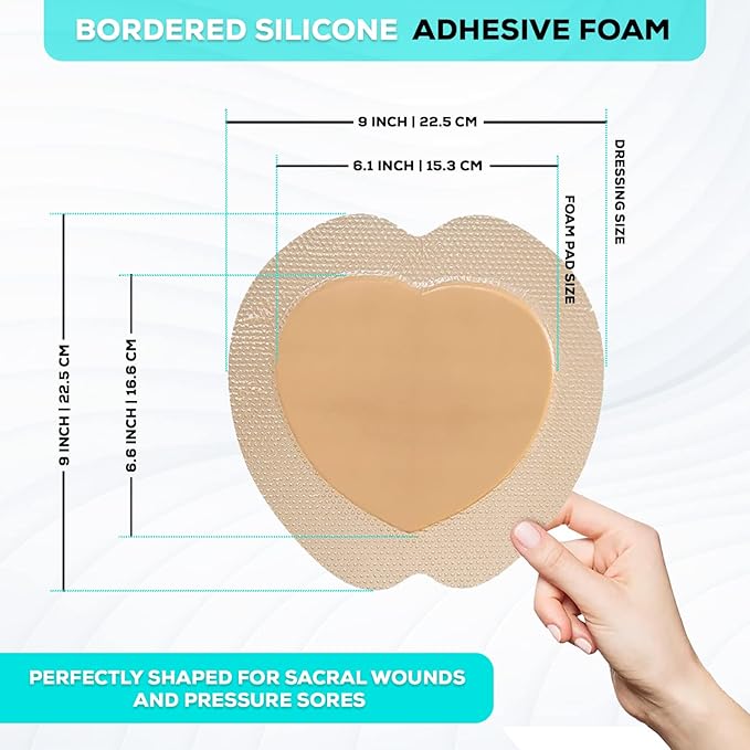 MedVance TM Silicone - Sacral Bordered Silicone Adhesive Foam Wound Dressing, Bed Sore Treatment Bandage for Sacrum, Size 9"x 9" (6.1" Pad x 6.6" Pad), Box of 5 dressings