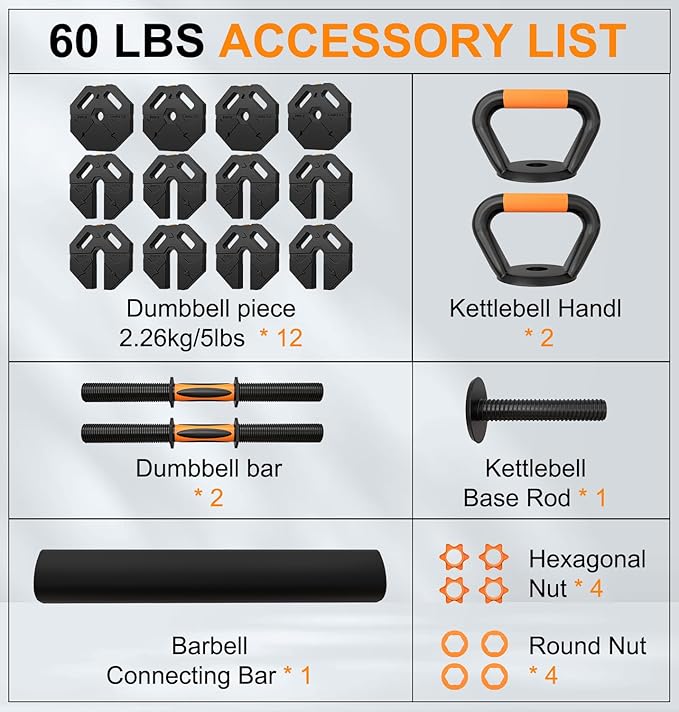 Adjustable Dumbbells Set for Women Men 20LBS/30LBS/40LBS/60LBS Weight Set with Connector, 5 in 1 Free Weights Dumbbells Set for Barbell Kettlebells Weightlift Push Up Fitness Exercises for Home Gym