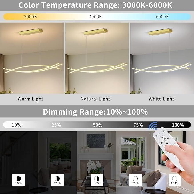 Modern LED Pendant Lights, 47in Gold Chandelier Dimmable with Remote Control 3000k-6000K Adjustable Color Temperature, Aluminum Island Lighting Lamp Fixture for Kitchen, Dining Room
