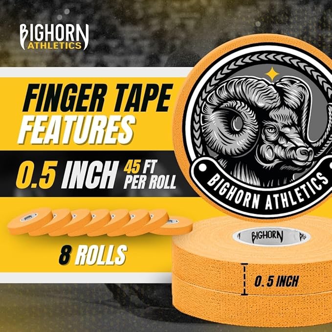 Bighorn Athletics Jiu Jitsu Finger Tape, Rock Climbing Tape | Multipurpose for Sports & Injuries: MMA, Volleyball, Football, Basketball, Tennis, Golf, Hands & Toes, 0.5-Inch x 45-feet, 8-Rolls, Orange