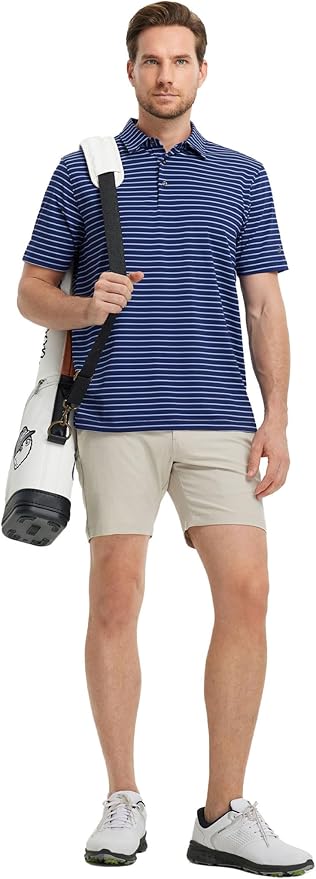 Rouen Mens Polo Shirts Short Sleeve Dry Fit Performance Moisture Wicking Causal Striped Polo Collared Golf Shirts for Men