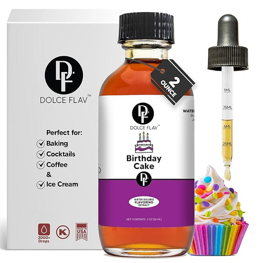 Dolce Flav Birthday Cake Extract – 2 Ounce Water-Soluble Kosher, Sugar-Free, Concentrated Festive Cake Flavoring for Frostings, Cupcakes & Desserts, Includes Measured Dropper